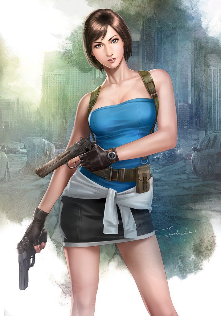 1girl arm artist_request bare_arms bare_legs bare_shoulders black_eyes black_gloves black_skirt breasts brown_hair capcom collarbone dual_wielding female fingerless_gloves gloves gun highres holding holding_gun holding_weapon jill_valentine large_breasts legs lips looking_at_viewer neck outdoors pencil_skirt resident_evil resident_evil_3 short_hair skirt smile solo standing strapless teeth tubetop watch watch weapon