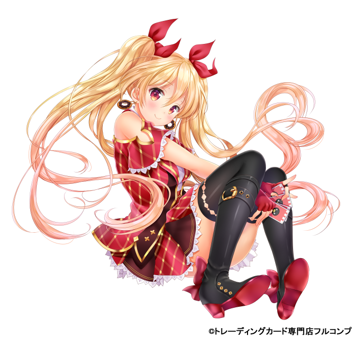 1girl bangs belt black_legwear blonde_hair blush boots bow buckle card doughnut earrings eyebrows eyebrows_visible_through_hair fingerless_gloves food full_body gloves hair_between_eyes hair_bow high_heel_boots high_heels holding jewelry long_hair looking_at_viewer moyon official_art red_bow red_eyes red_gloves sitting skirt smile solo thigh-highs transparent_background twintails very_long_hair