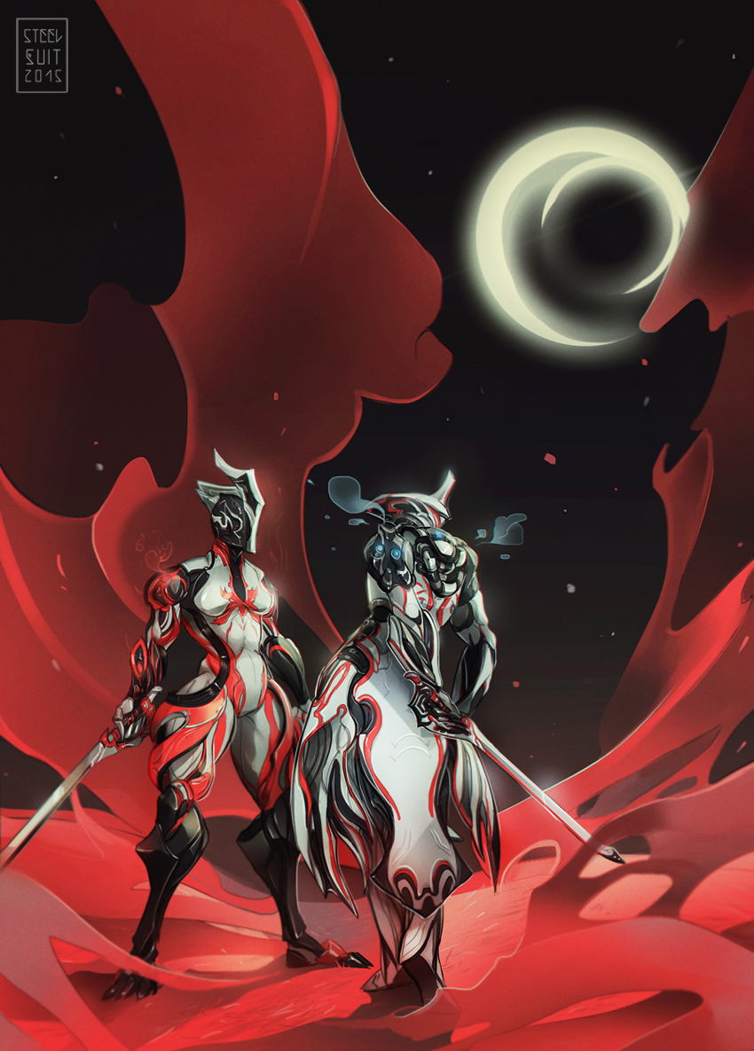 1boy 1girl arms_behind_back artist_name back bodysuit crescent_moon ember_(warframe) fire frost_(warframe) full_body helmet holding holding_sword holding_weapon looking_at_another moon night night_sky red sky steam steelsuit sword warframe weapon
