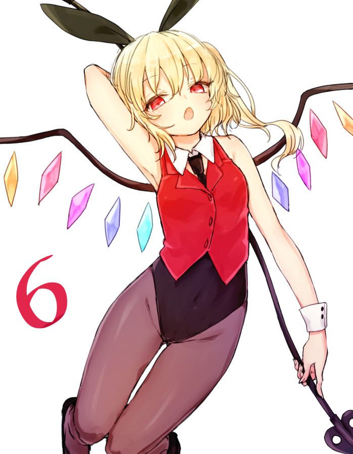 1girl alternate_costume animal_ears arm_up bare_arms blonde_hair brown_legwear bunnysuit covered_navel crystal detached_collar fake_animal_ears fang flandre_scarlet highleg honotai laevatein looking_at_viewer necktie open_mouth pantyhose rabbit_ears red_eyes short_hair side_ponytail simple_background sleeveless solo touhou vest white_background wings wrist_cuffs