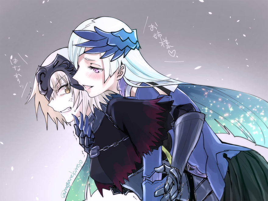 2girls anger_vein armor armored_dress blue_hair blush capelet chains clenched_teeth fate/grand_order fate/prototype fate/prototype:_fragments_of_blue_and_silver fate_(series) gauntlets headpiece hug hug_from_behind jeanne_alter lancer_(fate/prototype_fragments) long_hair multiple_girls profile ruler_(fate/apocrypha) ruler_(fate/grand_order) short_hair smile sushimaro sweat teeth translated trembling twitter_username upper_body white_hair yuri