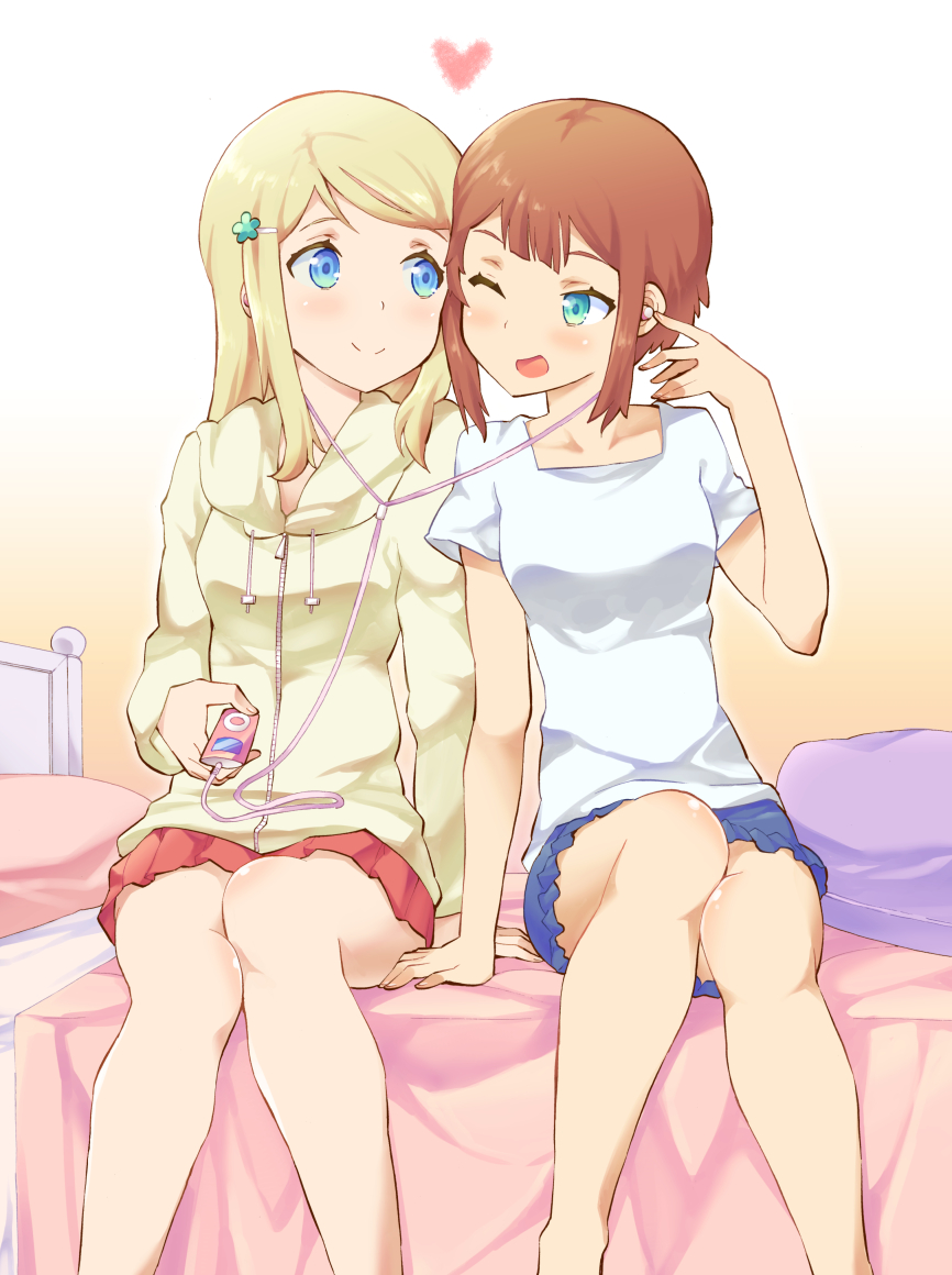 2girls ;d arm_support ayase_arisa bangs bare_legs bed bedroom blonde_hair blue_eyes blue_skirt blush brown_hair digital_media_player eye_contact female green_eyes hair_ornament hairclip headphones heart holding hood hoodie indoors knees_together_feet_apart kousaka_yukiho legs long_hair long_sleeves looking_at_another love_live! love_live!_school_idol_project miniskirt multiple_girls one_eye_closed open_mouth pillow pleated_skirt red_skirt shirt short_hair short_sleeves side-by-side sitting skirt smile swept_bangs takano_itsuki white_shirt wink