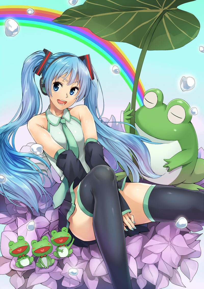 1girl blue_eyes blue_hair closed_eyes detached_sleeves frog giant_leaf hatsune_miku headphones long_hair nail_polish necktie rainbow sheairkuaki sitting skirt solo thigh-highs twintails very_long_hair vocaloid