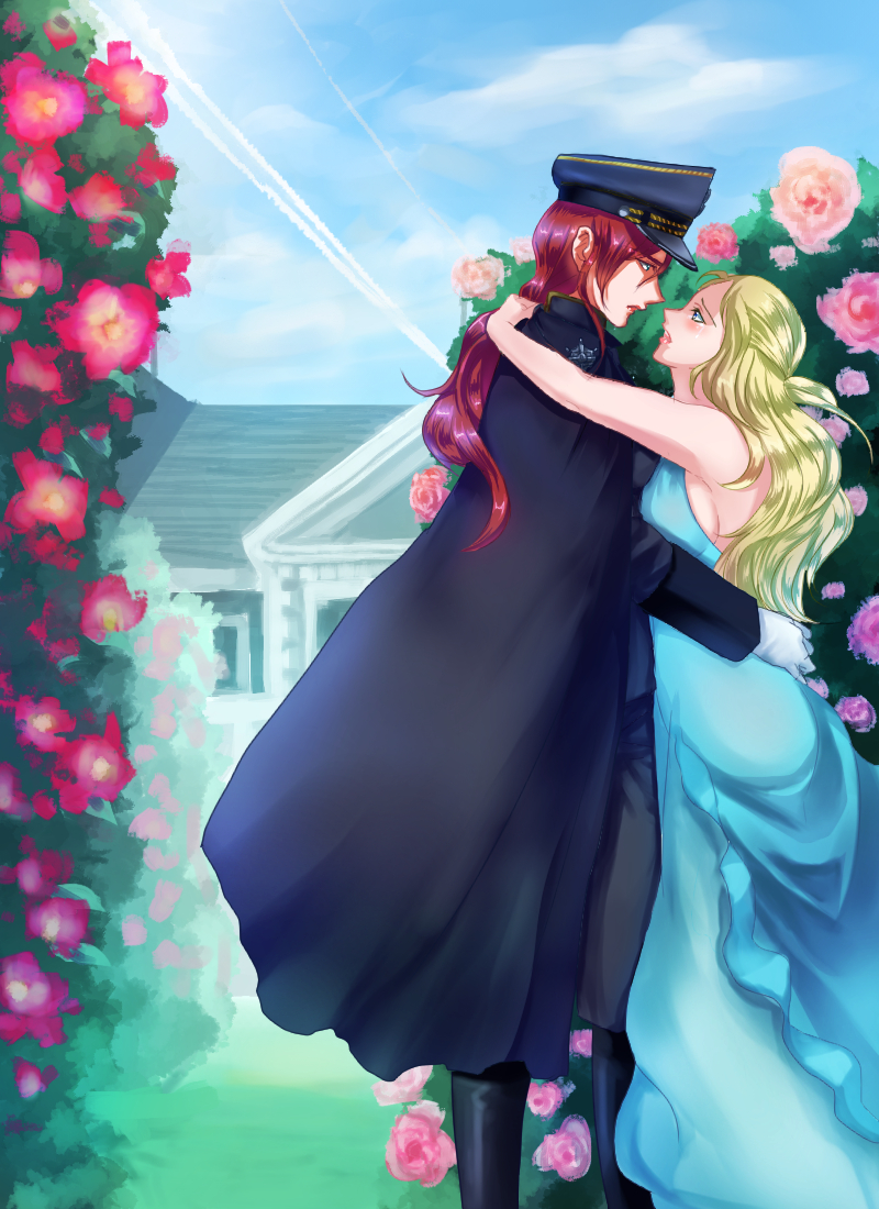 2girls blonde_hair blue_dress blue_eyes blush boots cape dress eye_contact face-to-face gloves hat house hug lips long_hair looking_at_another low_ponytail mansion military military_uniform multiple_girls open_mouth original outdoors peaked_cap redhead riichi_(16489368) rose_bush standing tears uniform white_gloves yuri