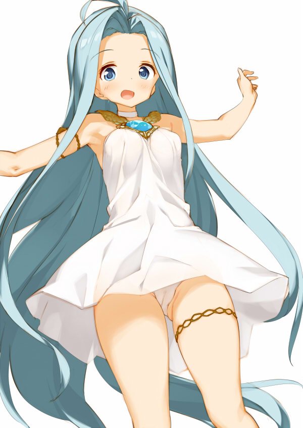 1girl :o ahoge arm_strap armpits bare_shoulders barefoot blue_eyes blue_hair blush choker dress gem granblue_fantasy kaisen_chuui long_hair looking_at_viewer lyria_(granblue_fantasy) outstretched_arms panties simple_background sleeveless smile solo spread_arms thigh_strap thighs underwear very_long_hair white_background white_dress white_panties