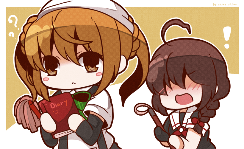 ! 2girls ? ahoge arm_warmers black_serafuku blonde_hair bloom2425 blush blush_stickers book braid brown_eyes brown_hair chibi diary double_bun feather_duster full-face_blush hair_bun hair_over_shoulder hair_ribbon holding holding_book kantai_collection long_hair michishio_(kantai_collection) multiple_girls neckerchief open_mouth ribbon school_uniform serafuku shigure_(kantai_collection) short_hair short_sleeves short_twintails single_braid single_glove suspenders tenugui twintails twitter_username