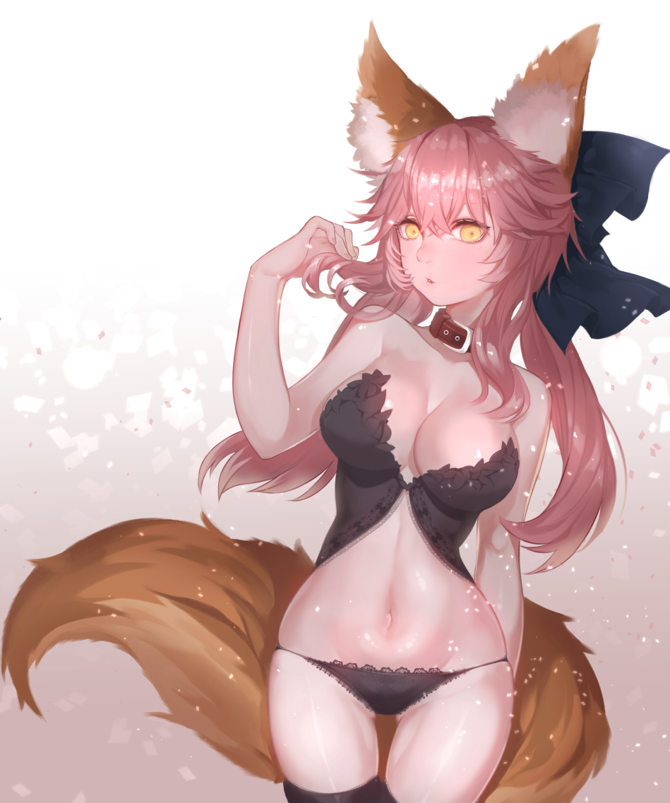 1girl animal_ears bad_id bad_pixiv_id bangs bare_shoulders black_legwear black_panties blue_ribbon breasts cleavage collar cowboy_shot curvy eyelashes fate/extra fate_(series) fox_ears fox_tail fur hair_between_eyes hair_ribbon hoshi_usagi lace lace_panties large_breasts light_particles long_hair looking_at_viewer navel panties parted_lips pink_hair ribbon shiny shiny_skin sidelocks solo stomach strapless tail tamamo_(fate)_(all) tamamo_no_mae_(fate) thigh-highs thigh_gap twintails underwear wide_hips yellow_eyes