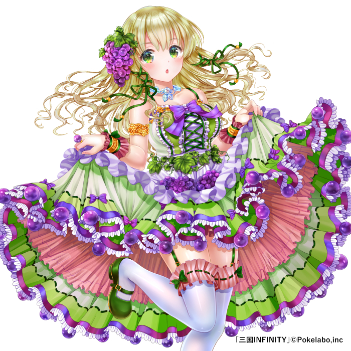 1girl :o armlet bangs bare_shoulders blonde_hair blush bow breasts collarbone company_name copyright_name dress food food_themed_hair_ornament frilled_dress frills fruit garter_straps grape_hair_ornament grapes green_dress green_eyes hair_ornament hair_ribbon jewelry long_hair mary_janes moyon necklace official_art one_leg_raised ribbon sangoku_infinity shoes simple_background skirt_hold solo thigh-highs white_background white_legwear