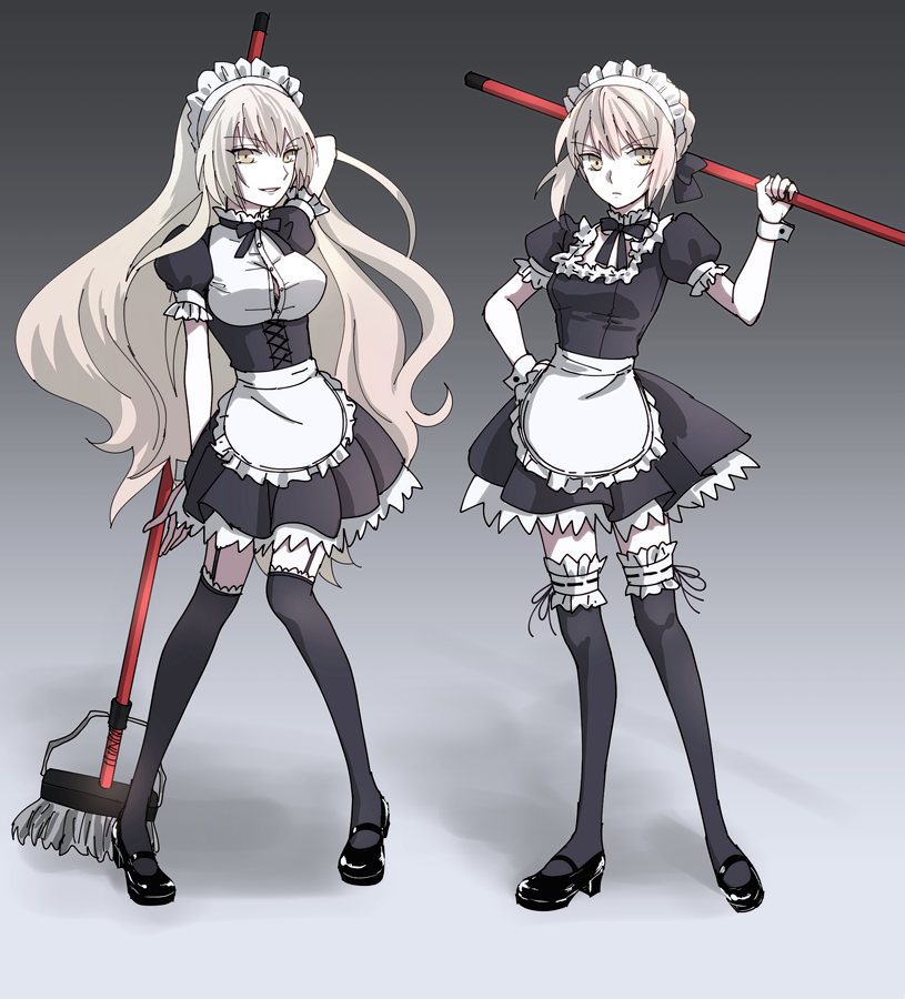 2girls alternate_costume apron arm_up black_dress black_legwear black_ribbon black_shoes blonde_hair carnival_phantasm dress enmaided fate/grand_order fate/stay_night fate_(series) frilled_dress frills full_body garter_straps jeanne_alter looking_at_viewer maid maid_apron maid_headdress mary_janes mop multiple_girls neck_ribbon puffy_short_sleeves puffy_sleeves ribbon ruler_(fate/apocrypha) ruler_(fate/grand_order) saber saber_alter shoes short_sleeves smile sushimaro thigh-highs trait_connection waist_apron yellow_eyes