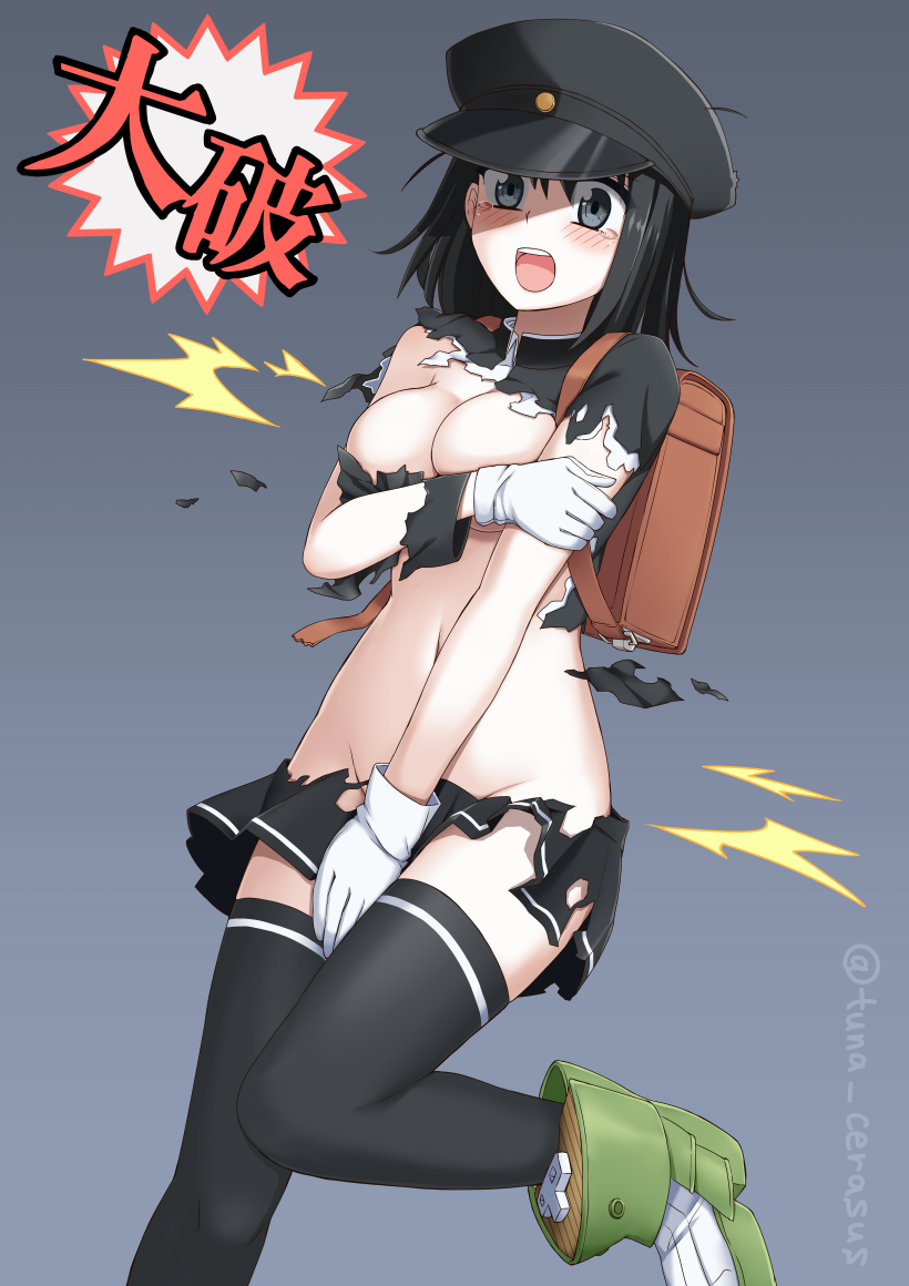 1girl akitsu_maru_(kantai_collection) arm_grab artist_name backpack bag black_eyes black_hair black_hat black_legwear black_skirt blue_background blush breasts cerasus cleavage covering covering_breasts covering_crotch embarrassed exploding_clothes gloves hair_between_eyes hat kantai_collection looking_at_viewer navel no_panties open_mouth peaked_cap randoseru remodel_(kantai_collection) simple_background skirt solo standing standing_on_one_leg tears thigh-highs torn_clothes twitter_username white_gloves