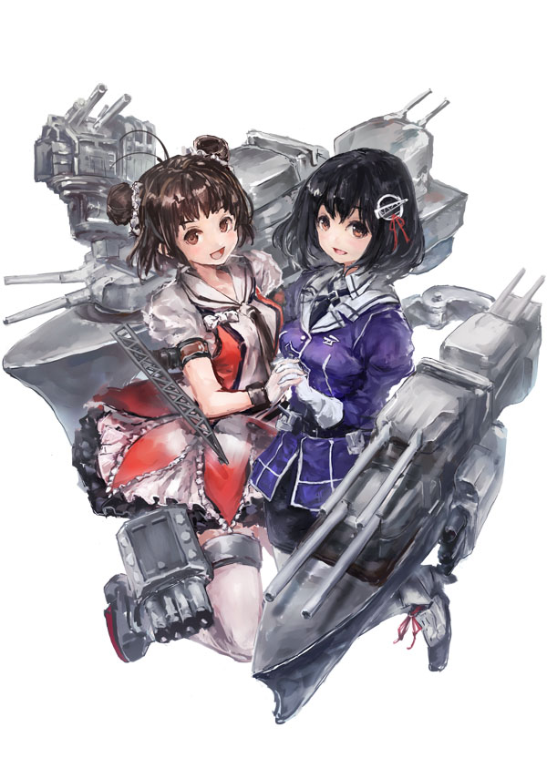 2girls :d ahoge black_hair black_legwear brown_eyes brown_hair double_bun frilled_skirt frills gloves haguro_(kantai_collection) hair_ornament hand_holding kantai_collection long_sleeves looking_at_viewer machinery military military_uniform multiple_girls naka_(kantai_collection) necktie open_mouth pantyhose remodel_(kantai_collection) sailor_collar school_uniform serafuku short_hair short_sleeves skirt smile thigh-highs toka_(marchlizard) torpedo turret uniform white_legwear