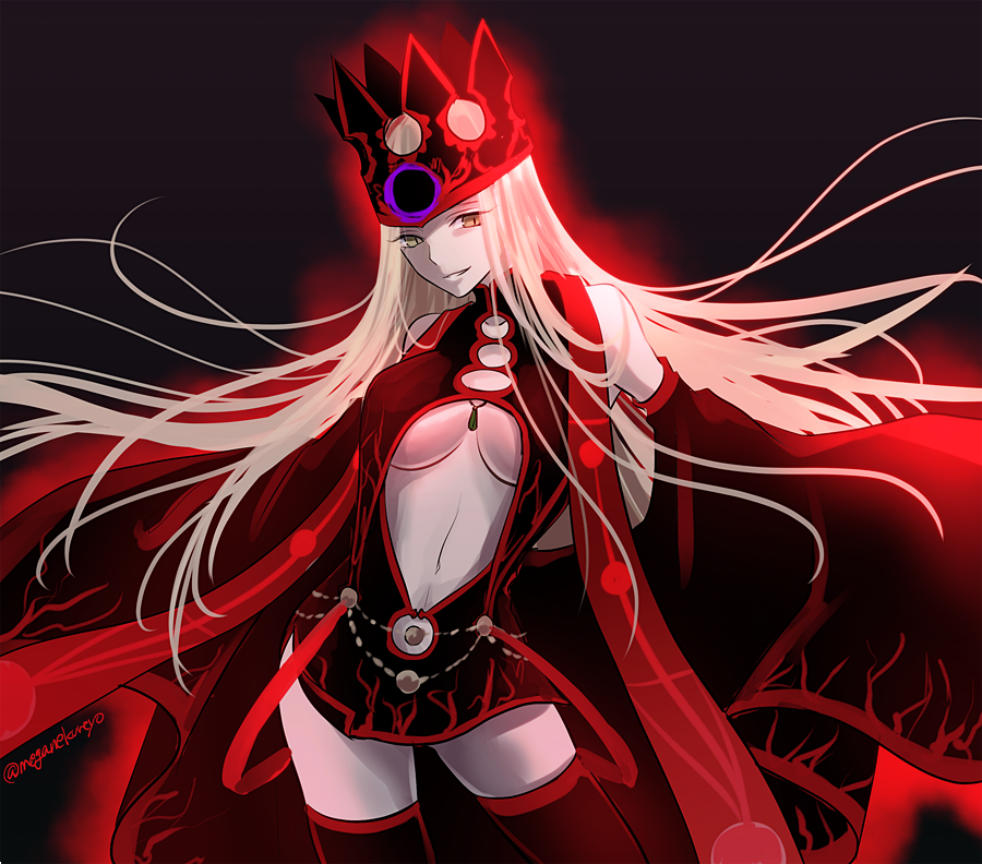 1girl bare_shoulders black_legwear breasts cowboy_shot crown detached_sleeves dress_of_heaven fate/grand_order fate_(series) floating_hair justeaze_lizrich_von_einzbern large_breasts long_hair long_sleeves looking_at_viewer navel pale_skin red_eyes revealing_clothes sleeves_past_wrists smile solo sushimaro thigh-highs twitter_username under_boob white_hair wide_sleeves