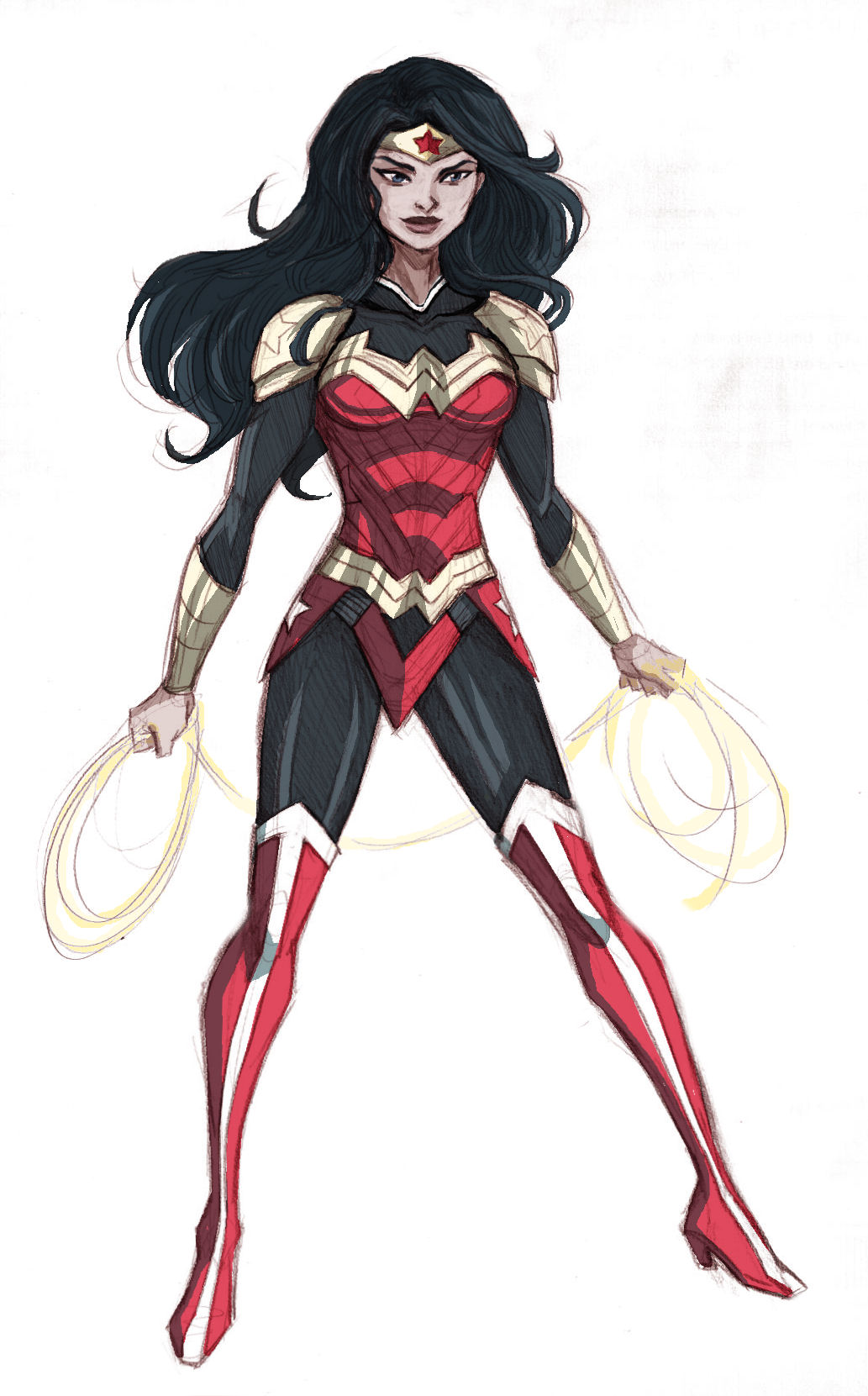 1girl armor black_hair dc_comics lasso lasso_of_truth pteruges simple_background solo standing thigh_boots wonder_woman wonder_woman_(series)