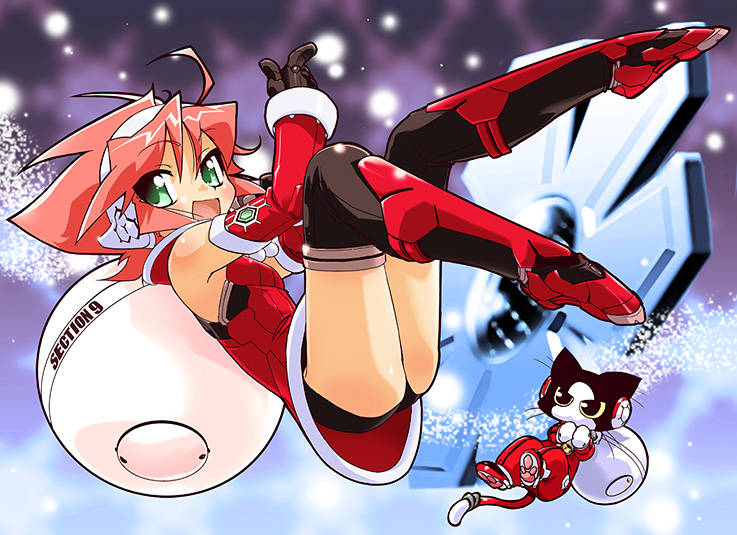 1girl animal_ears ass boots cat cat_ears detached_sleeves full_body gloves green_eyes headphones kokono_(section9) looking_at_viewer noritaka_suzuki open_mouth pink_hair sack santa_costume section9 short_hair snow solo thigh-highs thigh_boots