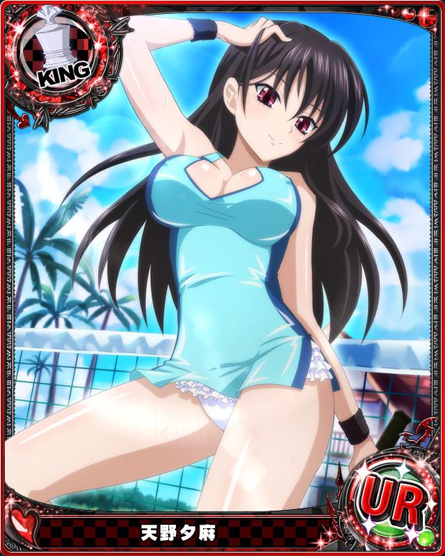 1girl artist_request black_hair breasts card_(medium) character_name chess_piece cleavage dress erect_nipples high_school_dxd king_(chess) large_breasts long_hair microdress midriff official_art racket raynare solo sparkle sportswear tennis_racket tennis_uniform trading_card violet_eyes