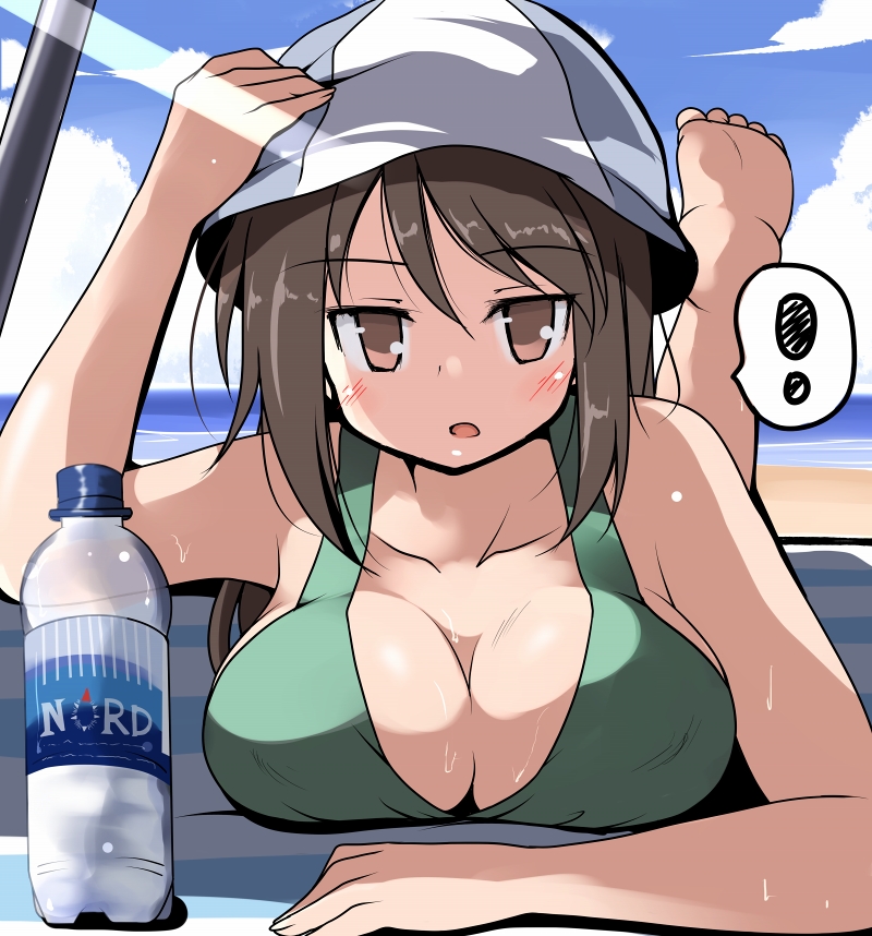 ! 1girl adjusting_clothes adjusting_hat bikini blanket blue_sky bottle breast_press breasts brown_eyes brown_hair clouds girls_und_panzer hat large_breasts leg_up long_hair looking_at_viewer lying mika_(girls_und_panzer) ocean on_stomach open_mouth sky solo spoken_exclamation_mark striped swimsuit tsuzuri_(tuzuri) water_bottle