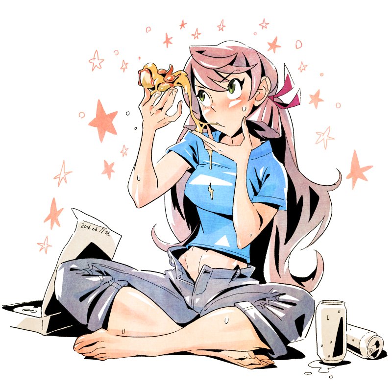 1girl akashi_(kantai_collection) barefoot beer blush breasts buttons callan_(callancoe) can capri_pants casual denim eating feet food green_eyes hair_ribbon indian_style jeans kantai_collection long_hair midriff pants pink_hair pizza ribbon shirt sitting skirt soda_can solo star t-shirt tress_ribbon twintails unbuttoned