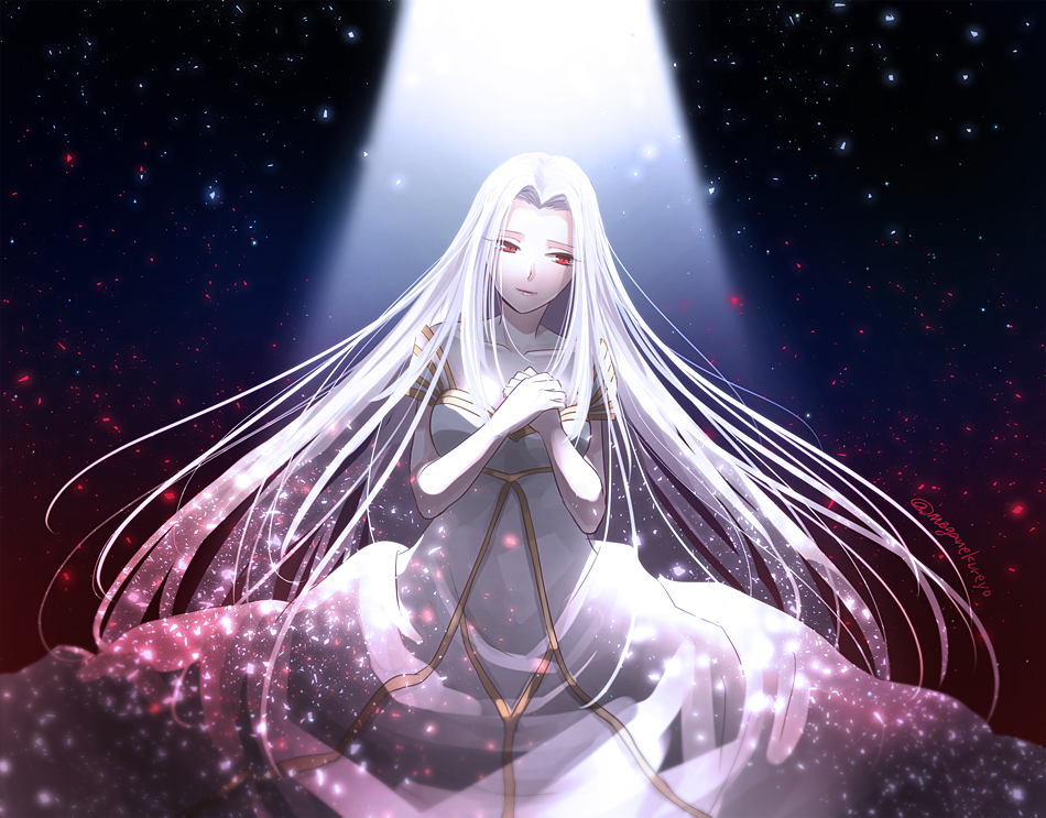 1girl collarbone dress fate/zero fate_(series) floating_hair hair_intakes hands_together irisviel_von_einzbern light_particles long_hair pale_skin red_eyes short_sleeves smile solo spotlight sushimaro twitter_username very_long_hair white_dress white_hair