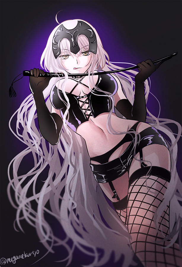 1girl :q alternate_costume black_gloves black_skirt breasts cleavage dominatrix elbow_gloves fate/grand_order fate_(series) fishnet_legwear fishnets garter_belt gloves groin headpiece jeanne_alter large_breasts licking_lips long_hair looking_at_viewer microskirt riding_crop ruler_(fate/apocrypha) ruler_(fate/grand_order) skin_tight skirt solo sushimaro tongue tongue_out twitter_username very_long_hair whip white_hair yellow_eyes