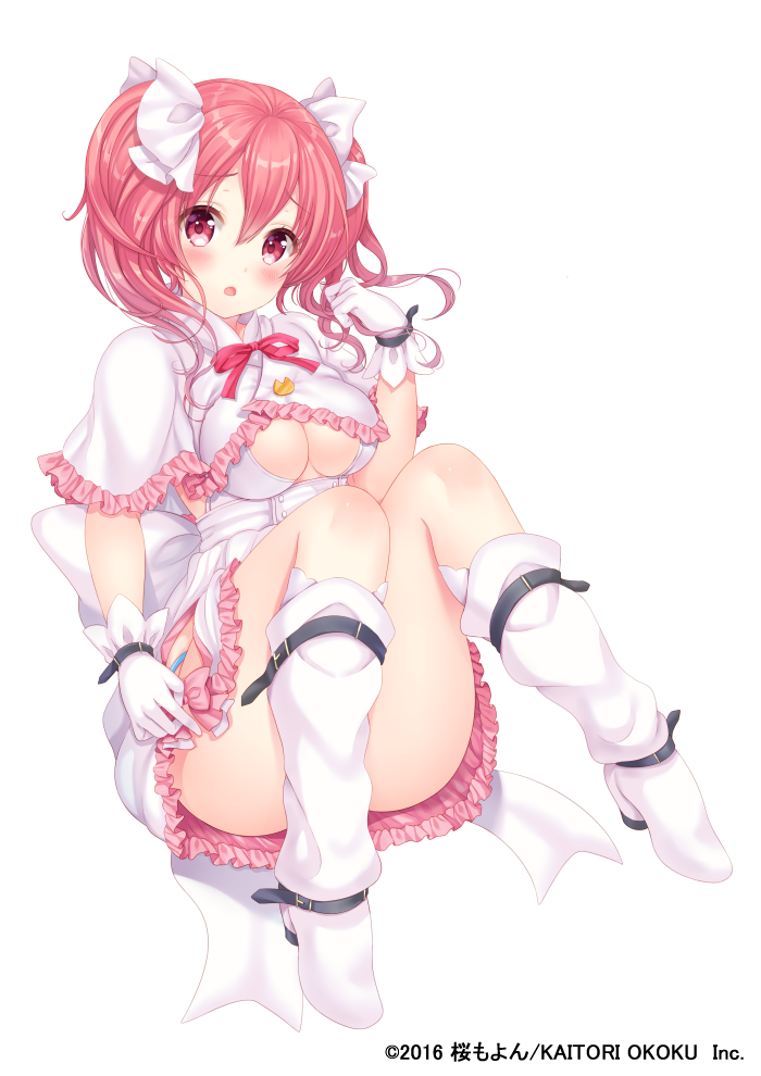 1girl 2016 :o bangs blush boots bow breasts buckle cleavage cleavage_cutout company_name dress eyebrows eyebrows_visible_through_hair frilled_dress frilled_sleeves frills full_body gloves hair_between_eyes hasegawa_urumi high_heel_boots high_heels large_breasts long_hair looking_at_viewer mascot moyon official_art open_mouth original pink_eyes pink_hair puffy_short_sleeves puffy_sleeves ribbon short_sleeves simple_background sitting solo twintails white_background white_boots white_bow