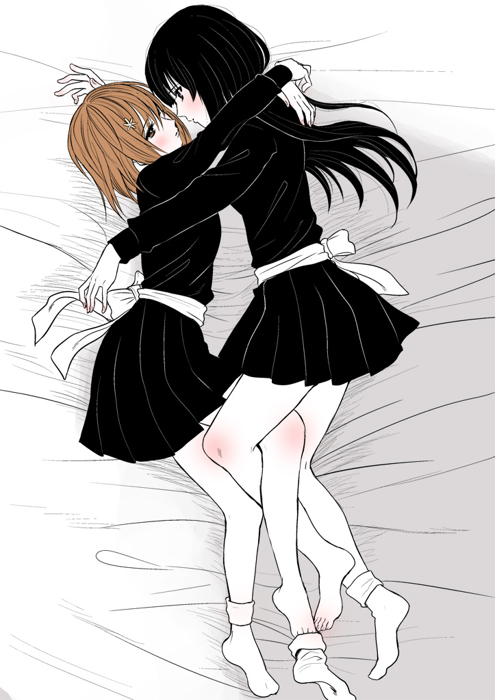 2girls black_hair blush brown_eyes brown_hair character_request copyright_request eye_contact face-to-face flowers_(novel) hair_ornament hug incipient_kiss leg_lock long_hair looking_at_another lying multiple_girls on_bed on_side sagisaka_mayuri skirt socks_removed yuri