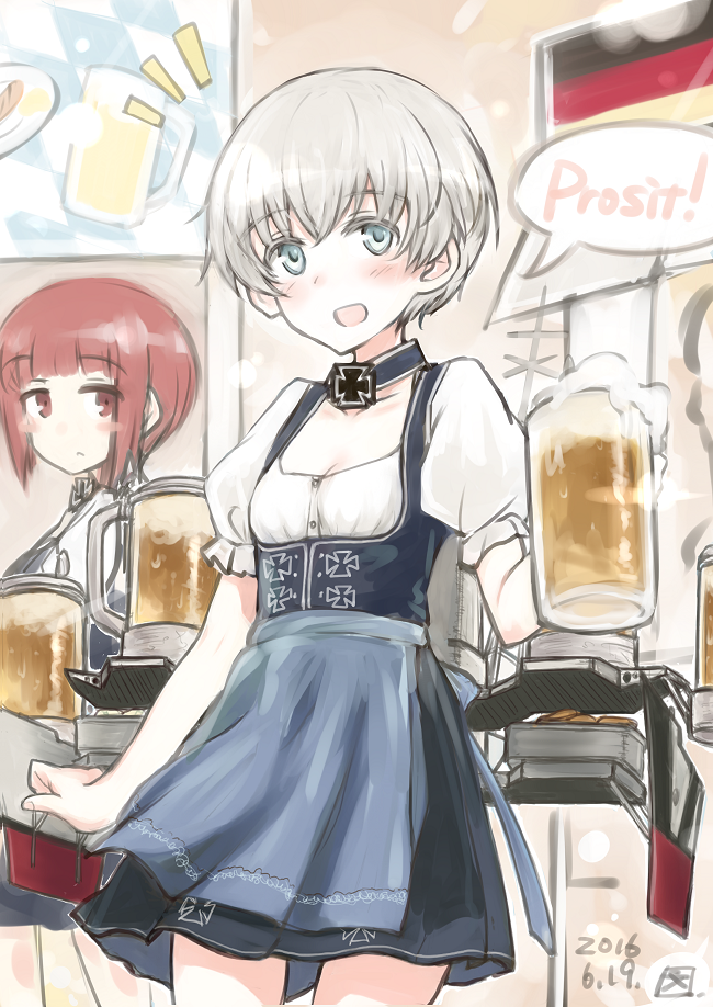 2016 2girls alcohol alternate_costume beer blush blush_stickers breasts bun'ya_(0874cirno141) cup dated dirndl german german_clothes german_flag grey_eyes grey_hair iron_cross kantai_collection looking_at_viewer machinery mug multiple_girls no_hat no_headwear oktoberfest open_mouth red_eyes redhead skirt skirt_tug small_breasts smile z1_leberecht_maass_(kantai_collection) z3_max_schultz_(kantai_collection)