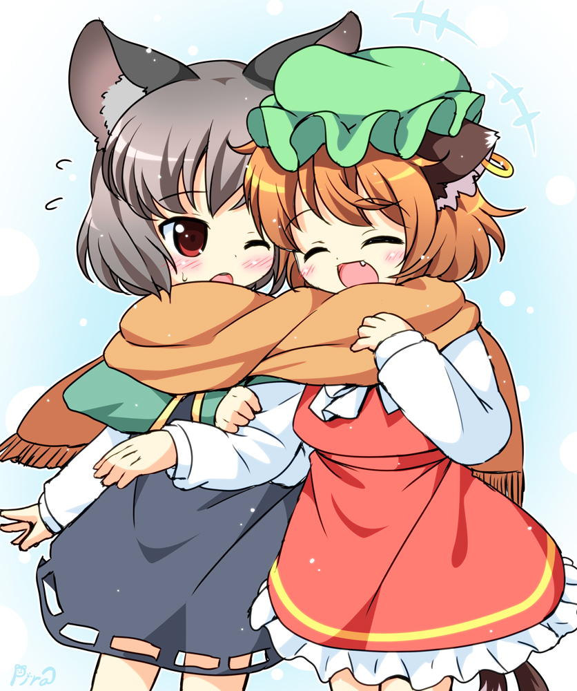 +++ 2girls :d ^_^ animal_ears blush brown_hair cat_ears cat_tail chen closed_eyes fang flying_sweatdrops green_hat hat jewelry long_sleeves mob_cap multiple_girls multiple_tails nazrin nekomata one_eye_closed open_mouth pila-pela scarf shared_scarf short_hair single_earring smile tail touhou two_tails