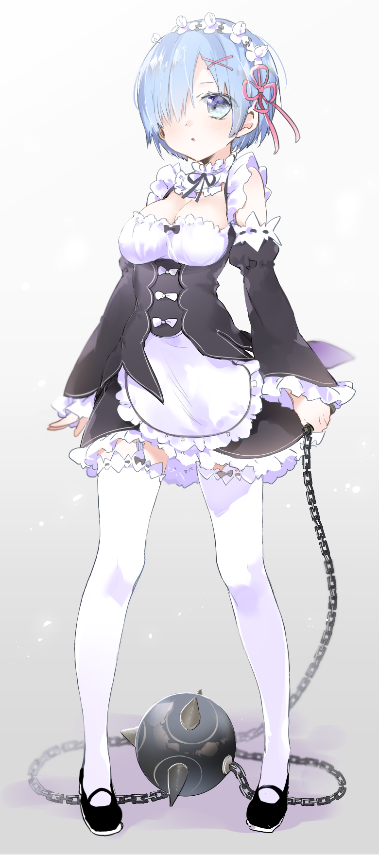 1girl :o alternate_legwear apron ball_and_chain blue_eyes blue_hair bow breasts cleavage detached_collar detached_sleeves dress frilled_dress frilled_sleeves frills full_body hair_ornament hair_over_one_eye highres holding holding_weapon maid maid_apron maid_headdress mary_janes re:zero_kara_hajimeru_isekai_seikatsu rem_(re:zero) ribbon-trimmed_sleeves ribbon_trim shoes short_hair sino_(sionori) solo spiked_mace spikes thigh-highs underbust weapon white_legwear x_hair_ornament