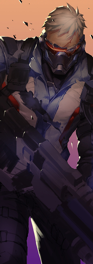 1boy assault_rifle blue_eyes broken_glasses face_mask gloves gun jacket long_sleeves looking_at_viewer male_focus mask overwatch pants rifle scar short_hair soldier:_76_(overwatch) solo visor weapon white_hair