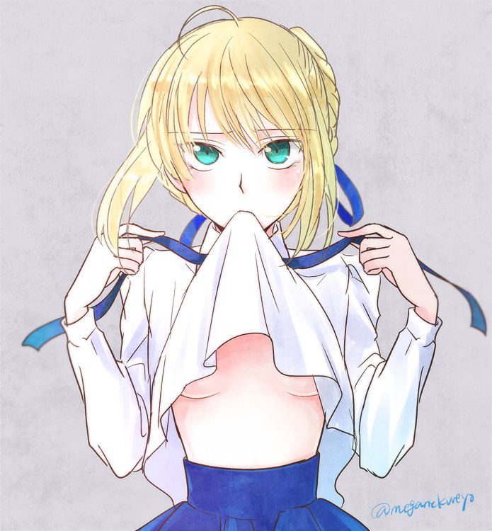 1girl ahoge biting_clothes blonde_hair blue_ribbon blue_skirt blush braid breasts clothes_lift fate/stay_night fate_(series) french_braid green_eyes lifted_by_self long_sleeves looking_at_viewer no_bra ribbon saber shirt shirt_lift skirt small_breasts solo sushimaro twitter_username under_boob upper_body white_shirt
