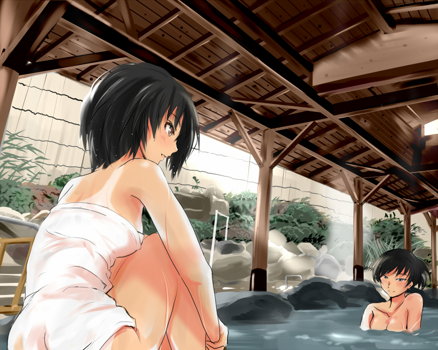 2girls :d amagami backlighting bathing black_hair blush breasts brown_eyes cleavage closed_mouth collarbone from_behind knees_up light_rays multiple_girls murasaki_iro naked_towel nanasaki_ai nude one-piece_tan onsen open_mouth partially_submerged plant potted_plant profile rock short_hair sitting smile stairs tan tanline tomboy towel tsukahara_hibiki water water_drop wet wooden_ceiling