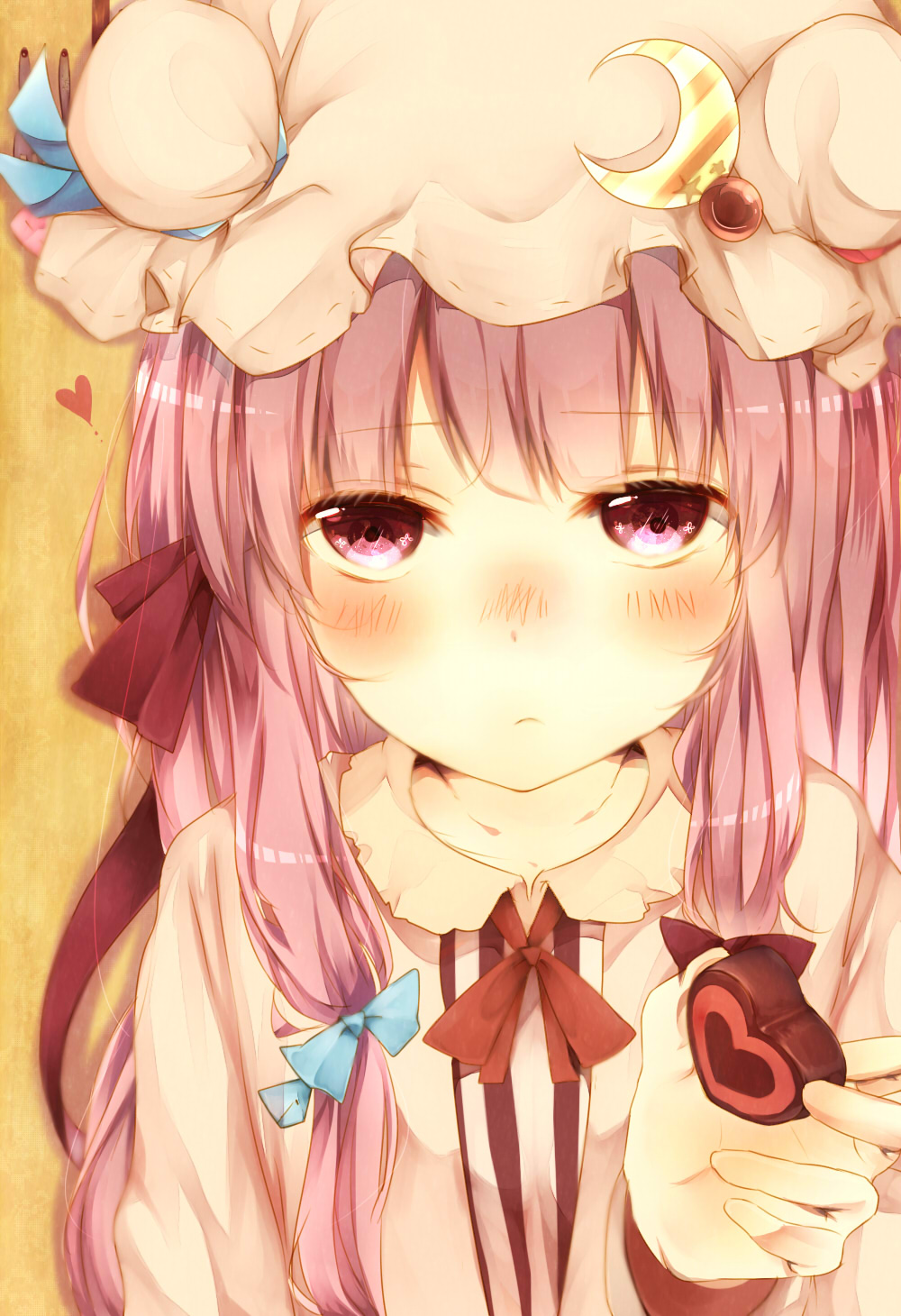 1girl bangs blunt_bangs blush capelet chocolate chocolate_heart crescent double_bun dress frilled_sleeves frills hair_ribbon hat hat_ornament hat_ribbon heart highres long_hair looking_at_viewer misa_(kaeruhitode) mob_cap patchouli_knowledge purple_hair reaching_out ribbon striped striped_dress touhou tress_ribbon upper_body valentine violet_eyes yellow_background
