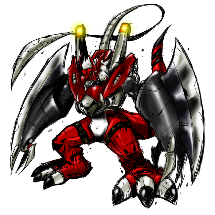 00s arm_blade armor blade cable cannon chest_cannon claws cyborg digimoji digimon digimon_tamers digital_hazard dinosaur dragon dual_wielding glowing gun_port hoko megalogrowmon monster no_humans red_armor ribbon sharp_claws solo tail tail_ribbon weapon white_hair yellow_eyes