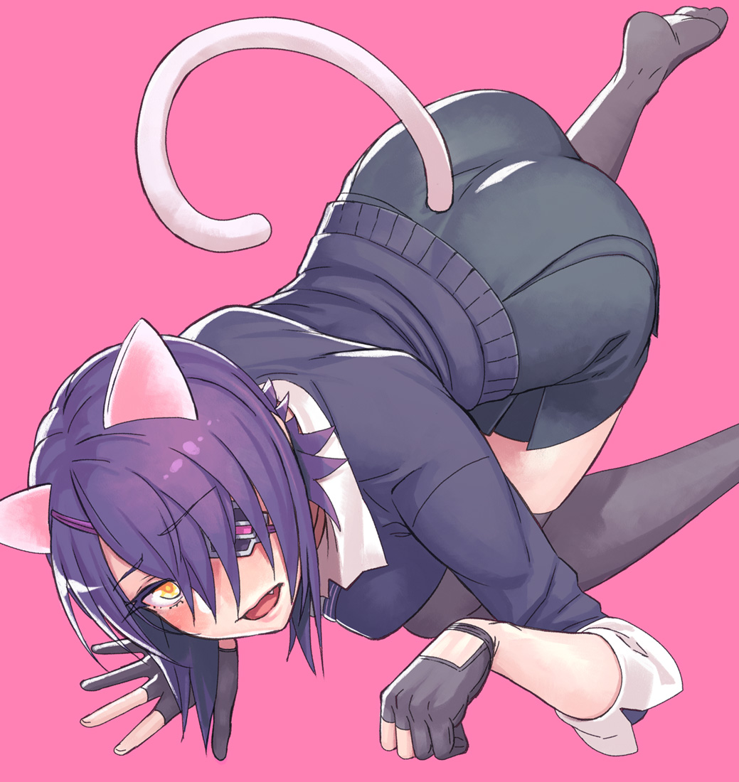 1girl all_fours and animal_ears black_legwear cat_ears cat_tail eyepatch fang fingerless_gloves from_above gloves kantai_collection looking_up partly_fingerless_gloves paw_pose purple_hair short_hair simple_background solo tail tenryuu_(kantai_collection) thigh-highs yellow_eyes yuuji_(and)