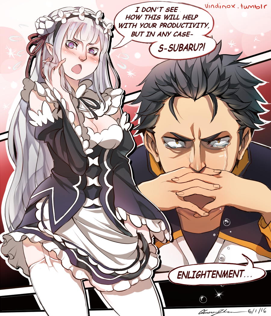 1boy 1girl alternate_costume artist_request black_hair black_ribbon blush breasts brown_eyes brown_hair cameron_johnson cleavage collarbone constricted_pupils crying crying_with_eyes_open dated detached_collar detached_sleeves dress emilia_(re:zero) english enmaided flying_sweatdrops garter_belt gendo_pose gendou_pose hand_in_hair hands_clasped interlocked_fingers lavender_hair long_hair maid maid_headdress natsuki_subaru neck_ribbon nose_blush number open_mouth pointy_ears re:zero_kara_hajimeru_isekai_seikatsu ribbon short_hair signature speech_bubble tears thigh-highs very_long_hair violet_eyes watermark web_address white_legwear wide_sleeves