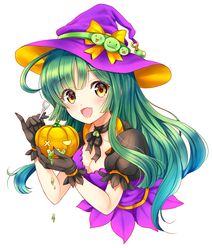 1girl ahoge blush bow breasts choker cleavage collarbone dress eyebrows eyebrows_visible_through_hair fang gloves green_hair halloween hat holding long_hair looking_at_viewer moyon open_mouth pinky_out puffy_short_sleeves puffy_sleeves pumpkin ribbon short_sleeves simple_background solo spoon touhoku_zunko upper_body vocaloid white_background witch_hat yellow_bow yellow_eyes