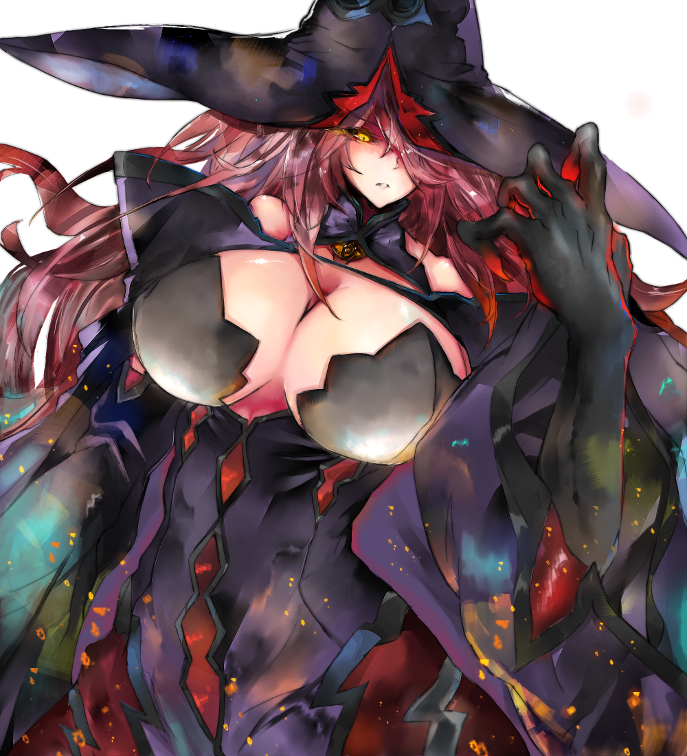 1girl black_sclera blazblue blazblue:_central_fiction breasts gond hair_over_one_eye hat huge_breasts konoe_a_mercury long_hair pink_hair solo weapon witch_hat yellow_eyes