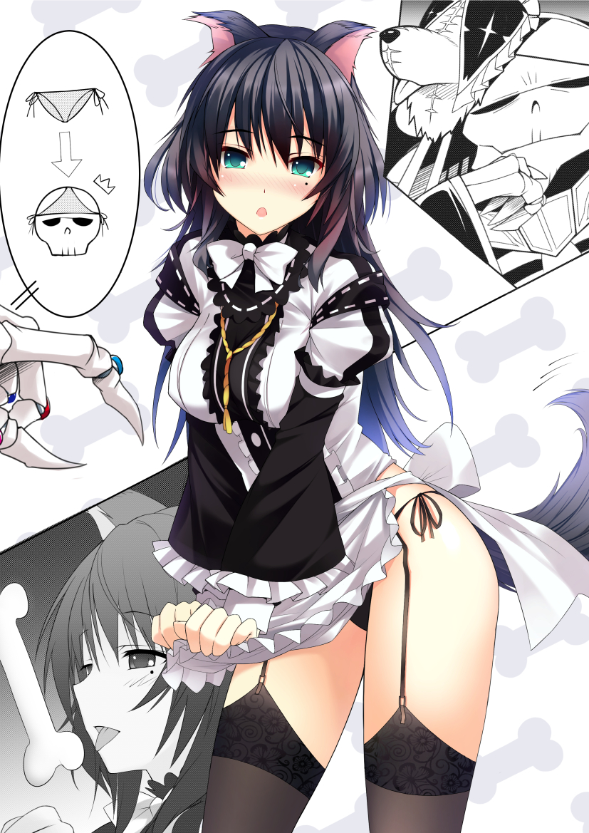 1boy 1girl ainz_ooal_gown animal_ears apron apron_tug bad_id black_hair black_legwear black_panties blush bone bow bowtie breasts cowboy_shot dog_ears dog_tail garter_straps green_eyes humanization lace lace-trimmed_thighhighs licking long_hair long_sleeves looking_at_viewer maid maid_apron mole mole_under_eye mushroom_(artist) nose_blush object_on_head overlord_(maruyama) panties panties_on_head pantyshot pantyshot_(standing) pestonya_shortcake_wanko side-tie_panties skeleton solo_focus standing tail thigh-highs triangle_mouth underwear waist_apron white_bow white_bowtie wide_sleeves