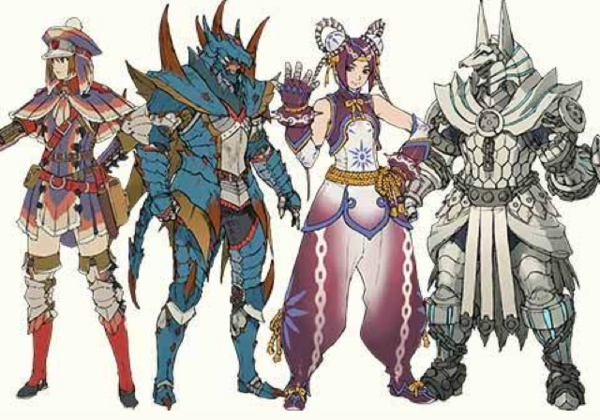 2boys 2girls animal_ears armor belt bun_cover capelet double_bun fake_animal_ears full_body gauntlets gobul_(armor) hand_on_hip hat helmet honeycomb_pattern horns jaggi_(armor) monster_hunter multiple_boys multiple_girls peaked_cap pom_pom_(clothes) pteruges simple_background sleeveless spiked_bracelet standing vambraces