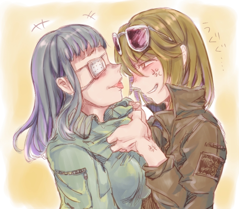 2girls anger_vein black_hair bomber_jacket breasts brown_eyes brown_hair clothes_grab eyepatch from_side glasses jacket jormungand large_breasts long_sleeves mildred military_jacket multiple_girls one_eye_covered profile sofia_valmer sunglasses sunglasses_on_head taremayu_(kikai_tomato) tongue tongue_out
