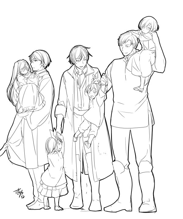 4boys 4girls aku_no_meshitsukai_(vocaloid) aku_no_musume_(vocaloid) akutoku_no_judgement_(vocaloid) artist_name boots brother_and_sister carrying child commentary_request dress evillious_nendaiki father's_day father_and_daughter father_and_son frilled_dress frills gallerian_marlon grabbing greyscale gumi hair_ribbon half-siblings hand_holding hands_on_another's_head hatsune_miku holding ichi_ka judge kagamine_len kagamine_rin kaito king knight leon_(vocaloid) lifting_person long_hair meiko michelle_marlon monochrome multiple_boys multiple_girls nemesis_no_juukou_(vocaloid) out_of_frame princess_carry ribbon shirt short_hair shorts siblings signature twins twintails vocaloid when_you_see_it