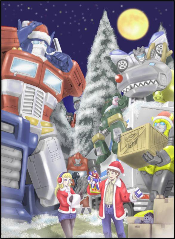 1girl 6+boys 80s 90s antlers armor autobot beast_wars bell boots box bumblebee capelet carly_(transformers) christmas christmas_ornaments christmas_tree container decepticon dinosaur earmuffs gift gift_box gloves glowing gorilla grimlock ground_vehicle hat helmet holding hound_(transformers) insignia ironhide jazz_(transformers) kamizono_(spookyhouse) long_hair machine machinery maximal mecha megatron merry_christmas metalhawk motor_vehicle multiple_boys oldschool open_mouth optimus_primal optimus_prime pretender red_eyes red_gloves reindeer_antlers robot sack santa_costume santa_hat science_fiction short_hair smile snowflakes snowing soundwave spike_witwicky standing starscream tape_recorder transformers transformers_super-god_masterforce truck tyrannosaurus_rex