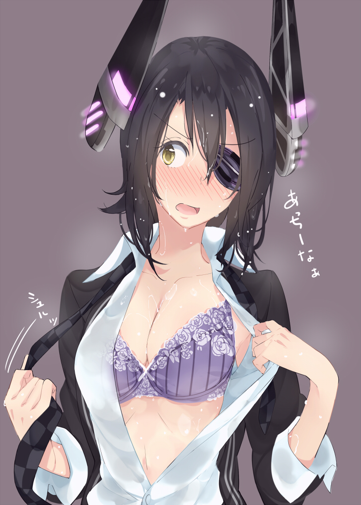 1girl amayu blush bra breasts cleavage eyepatch headgear hot kantai_collection necktie open_clothes open_shirt purple_bra purple_hair shirt short_hair solo sweat sweating sweating_profusely tenryuu_(kantai_collection) underwear undressing yellow_eyes