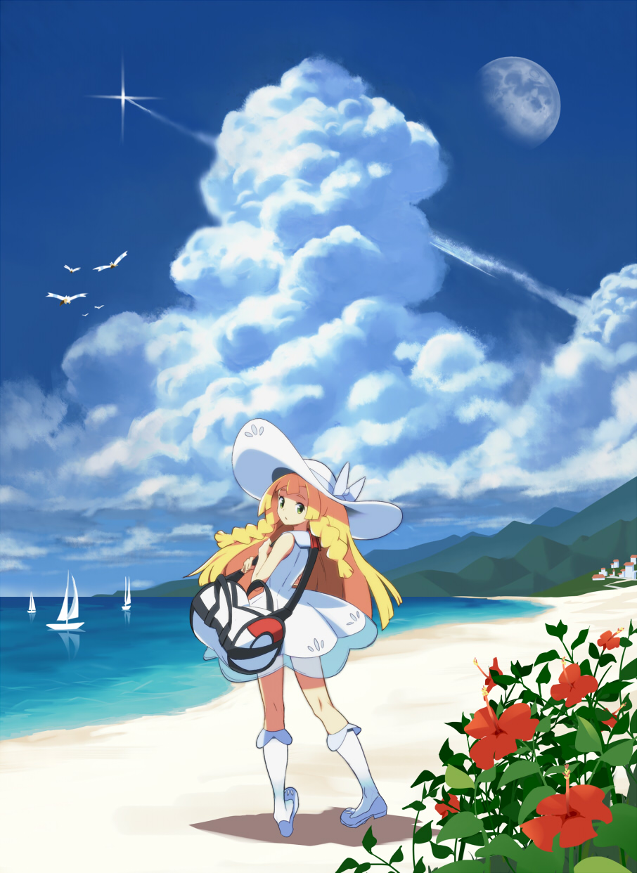 10s 1girl :o bag bare_arms bare_shoulders beach bird blue_sky blush boat boots braid city clouds condensation_trail day dress duffel_bag flower from_behind green_eyes handbag hat hibiscus highres horizon knee_boots lillie_(pokemon) long_hair looking_at_viewer looking_back moon ocean open_mouth outdoors over_shoulder pokemon pokemon_(game) pokemon_sm sailboat sand see-through sky sleeveless sleeveless_dress solo sun_hat sundress tareme tm_(hanamakisan) twin_braids very_long_hair water watercraft white_boots white_dress white_hat wingull