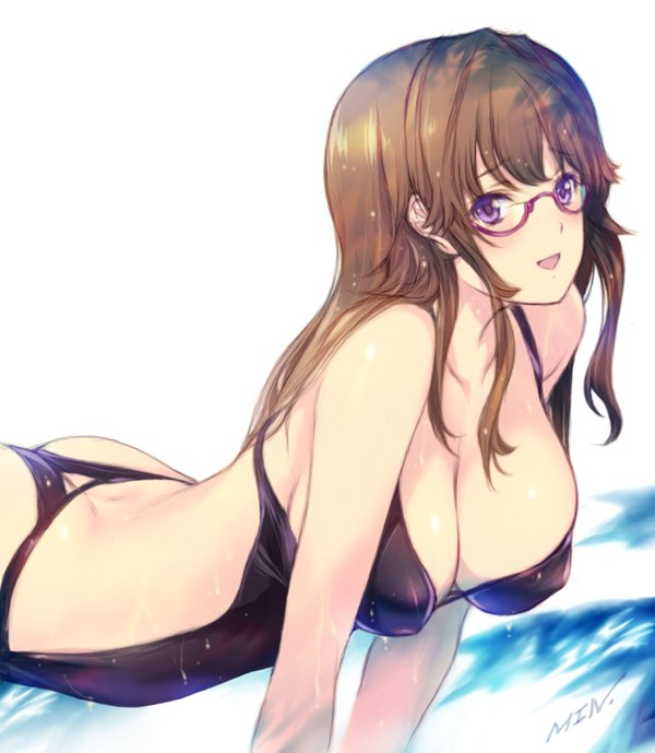 1girl all_fours ass ass_cutout black_swimsuit blush breasts brown_hair butt_crack cleavage erect_nipples glasses kuromukuro large_breasts long_hair looking_at_viewer min-naraken open_mouth red-framed_eyewear red-framed_glasses semi-rimless_glasses signature simple_background smile solo swimsuit unami_marina under-rim_glasses violet_eyes