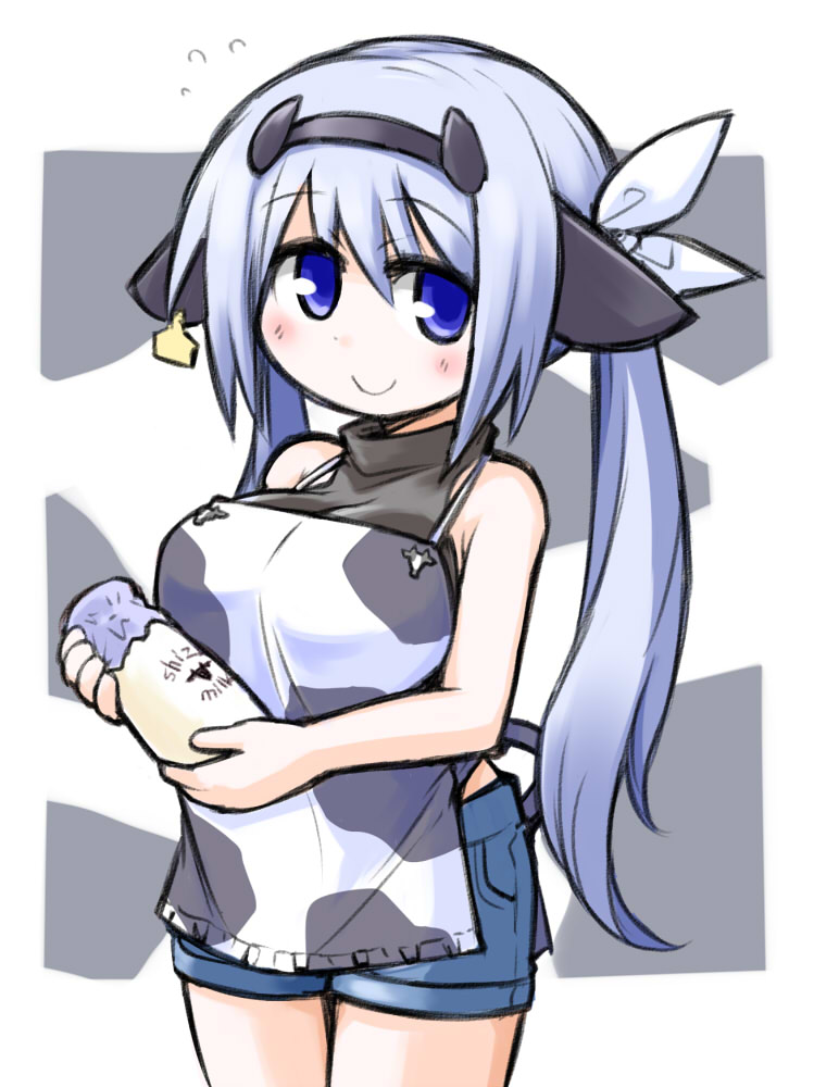 1girl animal_ears apron bare_shoulders blue_eyes blue_hair blush bottle breasts character_request cow_ears cow_horns cow_print denim denim_shorts horns kugelschreiber large_breasts long_hair looking_at_viewer milk_bottle shirt short_shorts shorts sleeveless sleeveless_shirt sleeveless_turtleneck smile solo turtleneck twintails ukagaka