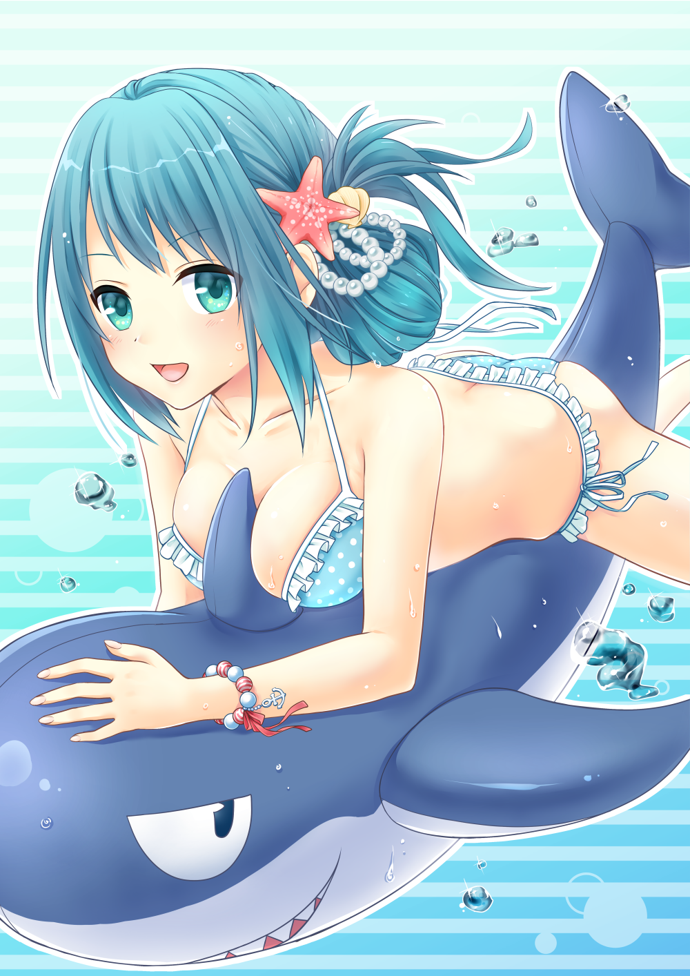 1girl air_bubble ass bikini blue_eyes blue_hair bubble butt_crack daidai_jamu folded_ponytail freediving highres inflatable_toy long_hair lying on_stomach original shark side_ponytail solo swimming swimsuit underwater