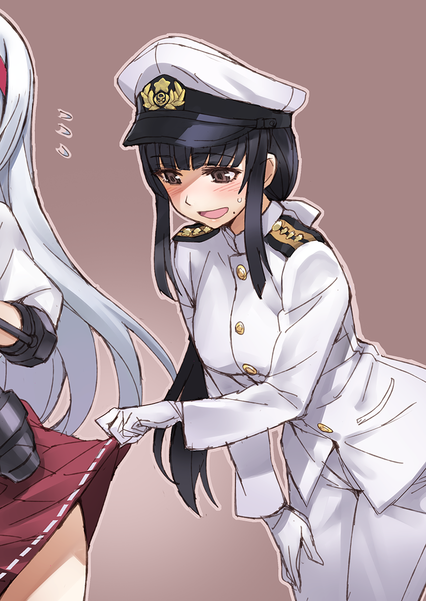 2girls :d bad_id bangs black_hair blunt_bangs blush buttons female_admiral_(kantai_collection) female_pervert flying_sweatdrops gloves gradient gradient_background grey_background grey_eyes hair_ribbon hairband hand_on_own_thigh hat highres kantai_collection leaning_forward lifted_by_another long_hair long_sleeves looking_down low_ponytail matsuryuu military military_uniform miniskirt mole mole_under_mouth multiple_girls naughty_face open_mouth outline pants peaked_cap pervert pleated_skirt ponytail red_skirt ribbon ribbon_trim shoukaku_(kantai_collection) sidelocks silver_hair sketch skirt skirt_lift smile solo_focus standing sweatdrop turtleneck uniform white_gloves white_hair yuri