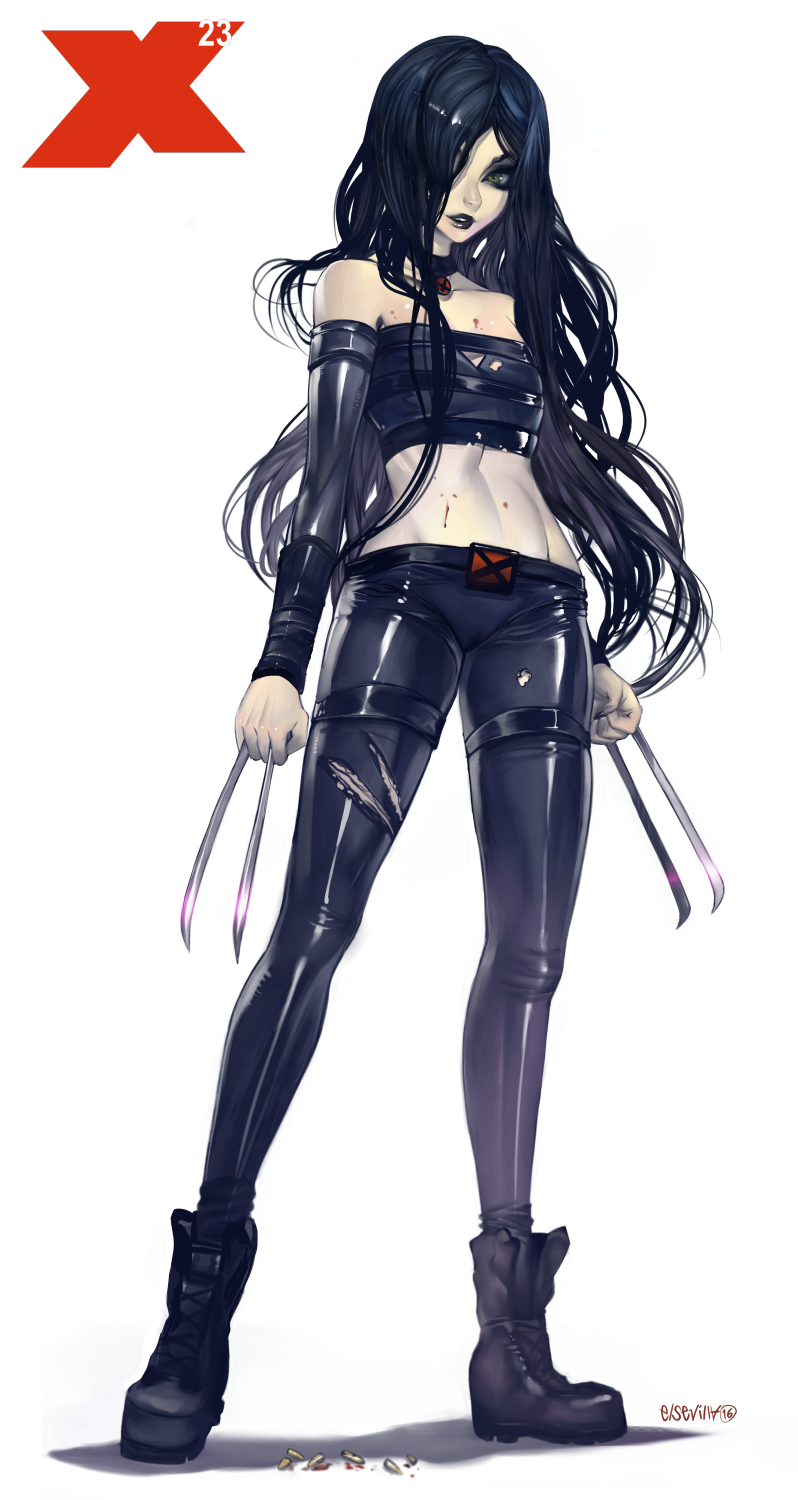1girl black_hair black_lipstick blood claw_(weapon) full_body green_eyes hair_over_one_eye hector_enrique_sevilla_lujan highres lipstick makeup marvel midriff navel pants solo torn_clothes torn_pants weapon x-23 x-men