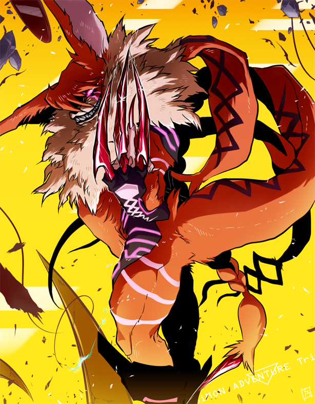 cable claws creepy_eyes destruction digimon digimon_adventure_tri. evil evil_grin evil_smile fingernails floating_rocks fur fur_collar glowing glowing_eyes grin huge_claws looking_at_viewer meicrackmon monster no_humans pink_eyes rock sharp_fingernails sharp_teeth smile stinger streamers tail teeth yellow_background